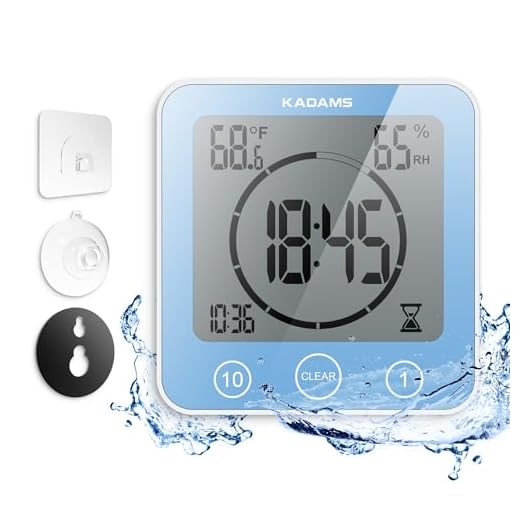KADAMS Digital Bathroom Shower Kitchen Wall Clock Timer with Alarm, Waterproof for Water Spray, Touch Screen Timer, Temperature Humidity, Suction Cup Hanging Hole Stand - Blue
