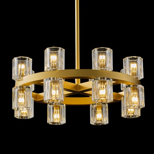 Image of 18 Inch Gold Wagon Wheel Chandelier with Crystal Shade, 16 Lights, Large Round Modern Farmhouse Style, Perfect for Living Room, Dining Room, Bedroom, Foyer, Bathroom