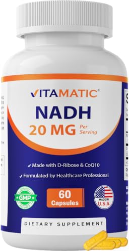 Vitamatic NADH 20mg with D-Ribose & CoQ10 60 Capsules B-Nicotinamide Adenine Dinucleotide Non-GMO Gluten Free