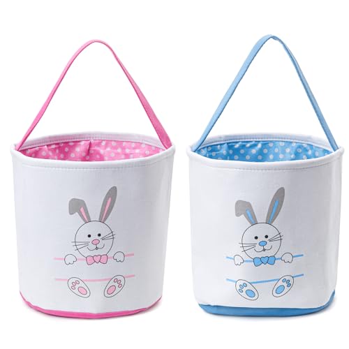 Image of CHOIEO Easter Bucket, Canvas Bunny Face Print Basket, Pink+Blue, Kids' Spring Easter Basket with Handle