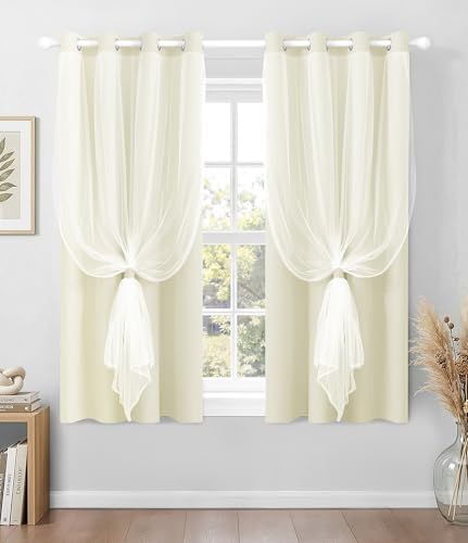 Image of 100% Blackout Curtains with Sheer Overlay, Beige, 52 x 63 inch, 2 Panels | For Bedroom Living Room Window, Room Darkening, Thermal Insulated, Grommet Top, Summer Heat Blocking, Double Layer Design