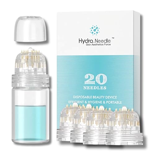 Derma Stamp Hydra Needle At-home Facial Tool with 4 Microneedling Stamp Replacement Heads Gold Titanium 20 Pins Length 0.5mm Reusable Serum Applicator Bottle for Hair Beard Stretch Marks Scars