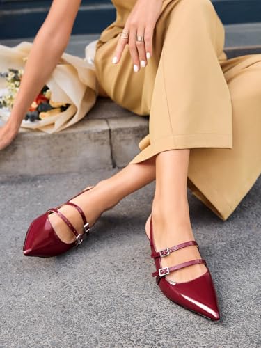 Image of Coutgo Womens Slingback Kitten Heels Mary Jane Pumps Closed Pointed Toe Buckle Strap Wedding Dress Shoes