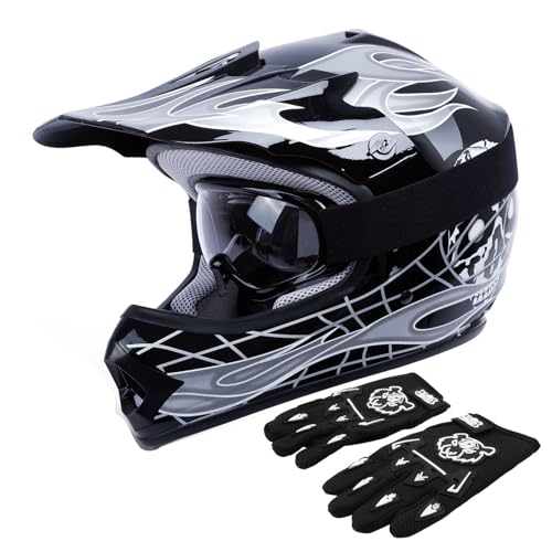 TCT-MOTORPARTS Black Skull Boy DOT Kids Youth Motocross Helmets ATV Off-Road Dirt Bike Motorcycle Full Face Helmet+Gloves+Goggles Small