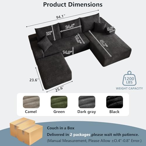 Image of 95 inch Boneless Cloud Couch Sectional Couches Sofa for Living Room | Modular U-Shaped Couch, Comfy Modern Corduroy Memory Foam Sofas with Ottoman, Oversized Chaise (Black, Right-Facing Chaise)