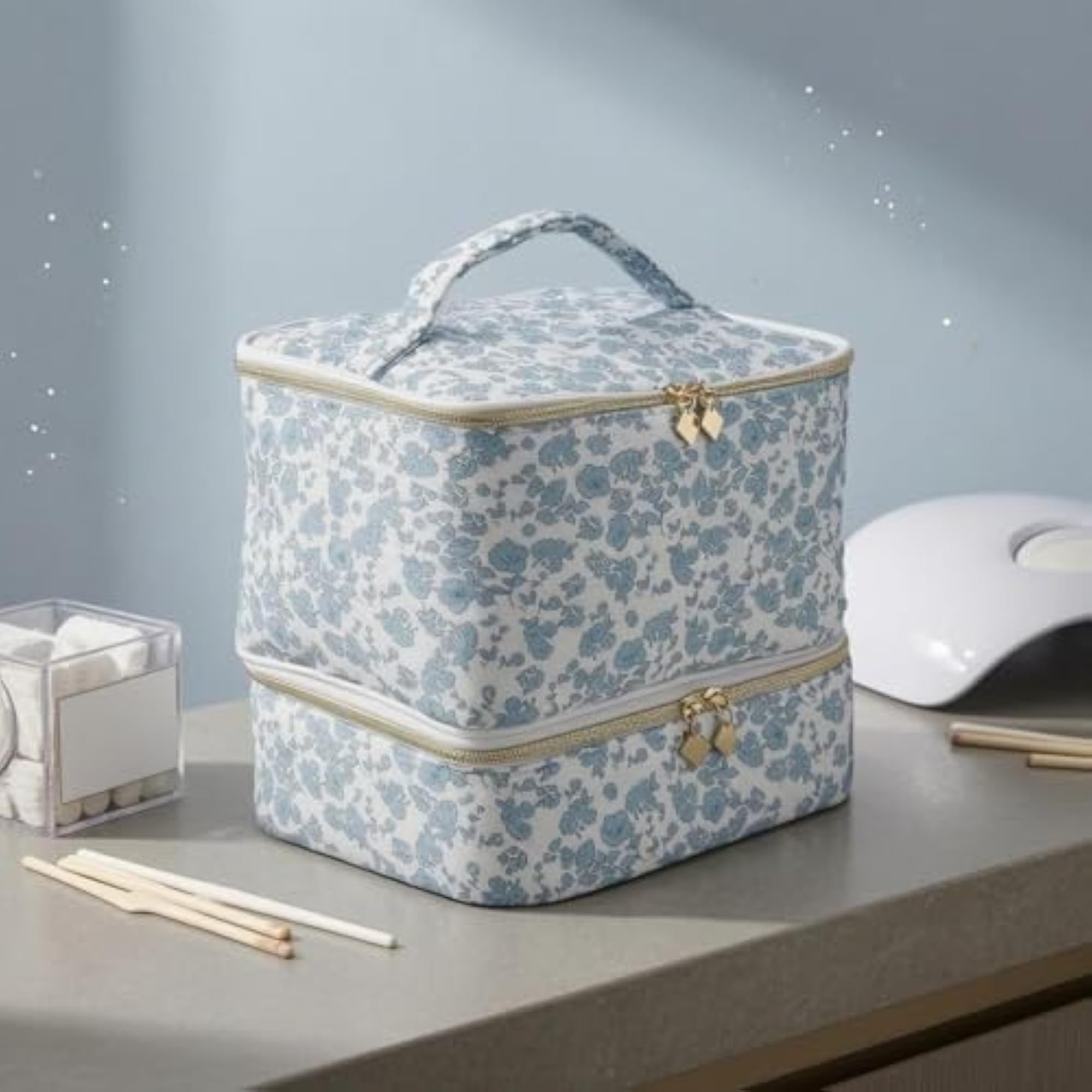 Zip-Around Double-Layer Makeup Bag, Quilted Cosmetic Organizer