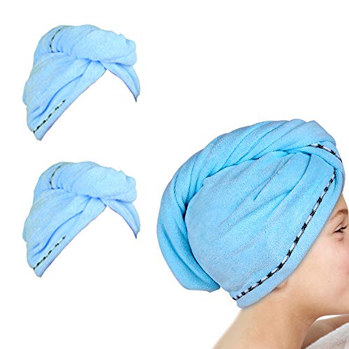 Bestgrass 2 Pack Hair Towel Wrap,Hair Drying Towel with Button, Microfibre Hair Towel, Dry Hair Hat, Bath Hair Cap (2 Pack Blue)