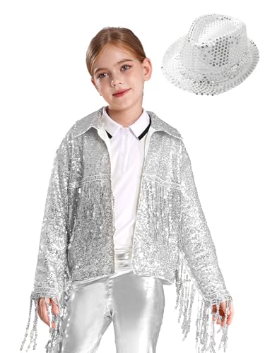 Jhaoyu Kids Girls Dance Outfits Long Sleeve Cardigan Sparkle Sequins Tassle Jacket Coat with Hat Jazz Hip Hop Dancewear