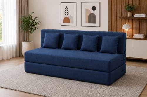Image of Four Seater Sofa Cum Bed 6x6 Ft with Soft Foam Cushioning, Comfortable Foldable Sofa Bed for Living Room, Bedroom, Guest Room & Office(Blue)