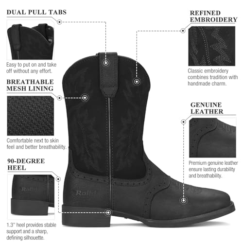 Rollda Leather Cowboy Boots for Men Western Boots Square Toe Chunky Heel Mid-Calf Boots Classic Embroidered with Pull On Tabs2