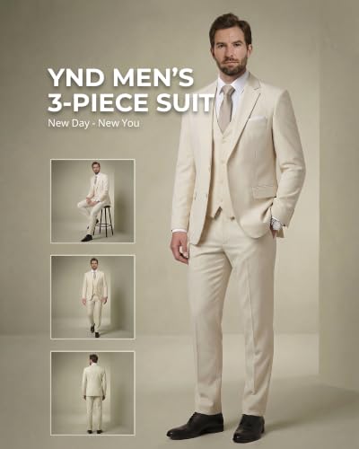 Image of YND Men's 3 Piece Suit with Tie, Solid Color Slim Fit Jacket Vest and Pants