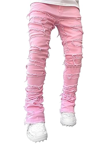 SANSIWU Jeans for Men Stretch Fit Skinny Stacked Ripped Destroyed Jeans Fit Y2K Stacked Patch Jeans Hip Hop Streetwear Straight Trousers (A-Pink, S)