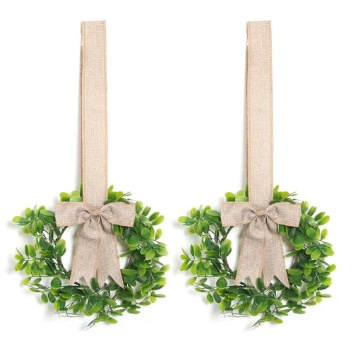 GorinsKani 2 Pack 9-inch Mini Eucalyptus Wreath Green Artificial Wreath Summer Spring Farmhouse Porch Wall Window Decoration (Coarse Linen Cloth)