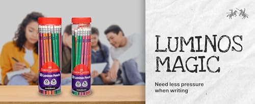 Image of Faber-Castell 50 Luminos Pencils Jar - Ergonomic Triangular Grip, Fluorescent Colours, Includes Sharpener & Eraser | Ideal for Writing, Drawing & School Use