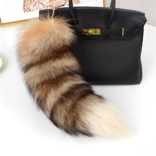 Image of 15.75 Inch Long Fluffy Faux Fur Tail Keychain, Fake Animal Tails for Handbags Backpacks Charm Tassel Ornaments (Coffee - Raccoon Tail)