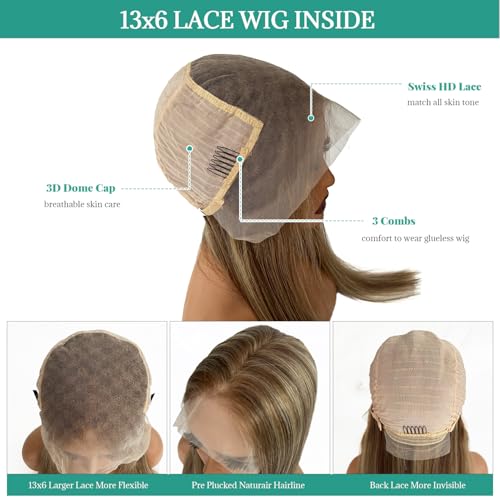 Image of Munx Highlight Straight Lace Front Wigs Human Hair, Pre Plucked Ombre Brown 13x4 HD Transparent Lace Front Wigs Balayage Chestnut Brown Mixed Blonde 180% Density Full Frontal Wigs Long 32in