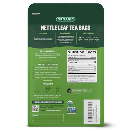 Image of FGO Organic Nettle Leaf Tea, 100 Count, Eco-Conscious Tea Bags, Caffeine Free, Resealable Bag, Packaging May Vary (Pack of 1)