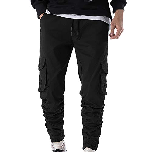 Men Cargo Sports Pants Men's Autumn Winner Pure Color Sweatpants Casual Pocket Trousers by Beautyfine Black