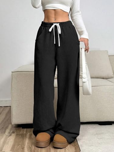 Image of Women's Trendy Korean Trouser with Pockets, Casual Corduroy Stretchable Baggy Loose || High Rise Elastic Waist Going Out Lounge Pants || Wide Leg Pants for Woman