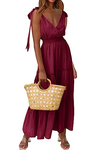 Image of PRETTYGARDEN Women's Cross Neck Summer Sleeveless Tiered Maxi Dress Beach Tie Strap Smocked Long Dresses Pleated Sundress