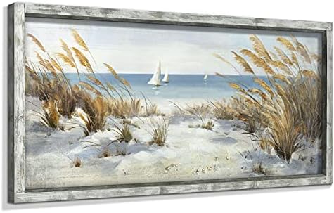 Framed Ocean Wooden Wall Art: Coastal Oil Painting Style 48"x24" Ocean Pictures Seascape Art Beach Prints Artwork for Office