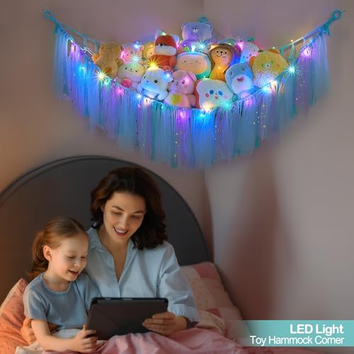Image of FIOBEE Stuffed Animals Net LED Light Toy Hammock for Kids Bedroom Storage