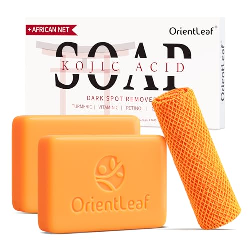 ORIENTLEAF Kojic Acid Soap with African Sponge Net, 4oz Turmeric Soap Bar, Fresh Citrus Scent, Gentle for Face and Body Wash with Vitamin C, Retinol (2 Pack)