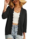 GRECERELLE Womens Summer Cardigan Button Down Long Sleeve Ladies Lightweight Soft Casual Shrugs Scalloped Edges Cardigans Summer Evening, Wedding (Black, L)