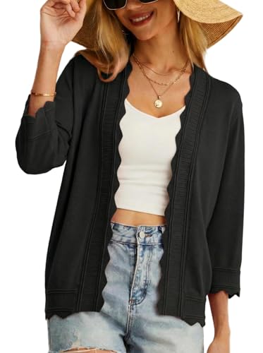 GRECERELLE Women's 3/4 Sleeve Summer Lightweight Knit Cropped Shrugs Cardigan Sweater, 01 Black, X-Large