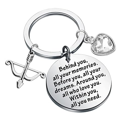 FEELMEM Archery Charm Keychain Archery Gifts Behind You All Your Memories Inspirational Hunting Gifts Girls Bow and Arrow Jewelry Archery Coach Gift Archery Athletes Gift (behind you-Archery) Cover