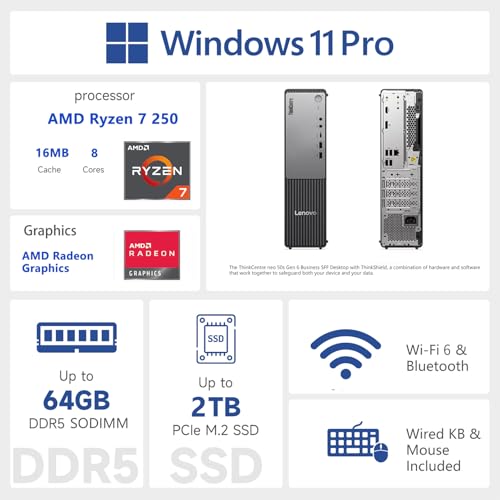 Image of Lenovo ThinkCentre Neo 55s SFF Business AI Desktop, AMD Ryzen 7 250 (up to 5.10 GHz), 32GB DDR5, 2TB SSD, Wi-Fi 6, DP, Support 2-Monitor 4K, Wired KB & Mouse, Win 11 Pro, Flash Drive Bundle
