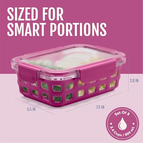 Ello Duraglass 3.4 Cup Meal Prep Sets 10Pc, 5 Pack Set- Glass Food Storage Container with Silicone Sleeve and Airtight BPA-Free Plastic Lids, Dishwasher, Microwave, and Freezer Safe, Evening Orchard