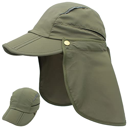 Huakunda Chapeau de protection de cou amovible multifonction pour l'été - Protection solaire - Respirant - Séchage rapide - Protection UV, Vert kaki, L