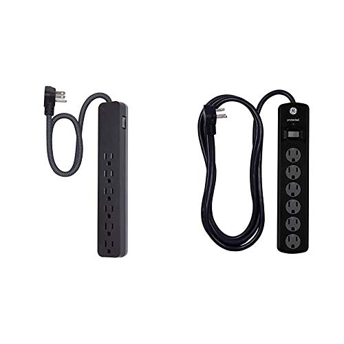 GE UltraPro 6 Outlet Surge Protector, 2 ft Designer Braided Extension Cord, Black, 44070 & Black, 6 Outlet Surge Protector, 8 Ft Extension Cord, Power Strip, 1300 Joules, Twist-To-Close Safety Covers
