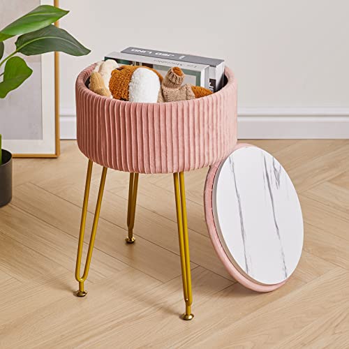 Ibuyke Velvet Storage Footrest Stool Ottoman, Makeup Vanity Stool Side Table With Golden Steel Legs Removable Cover, Coffee Table Top Cover, Pink Lg-20P #TOP1