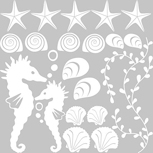 GRAZDesign Walltattoo Küste Nordsee Meer Unterwasser Welt - Badezimmeraufkleber Muscheln Seesterne Set - Wandtattoo Badezimmer mit Zwei Seepferdchen / 57x57cm / Farbe 010 Weiss