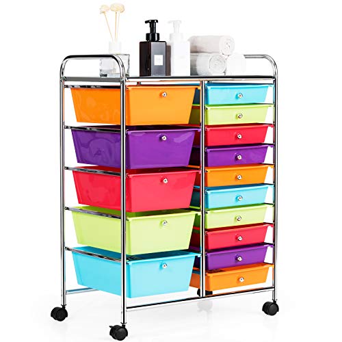HAPPYGRILL 15-Drawer Rolling Cart, Storage Carts with Removable Drawers & Steel Frame, Utility Cart on Lockable Wheels for Home, School, Office,Multicolorful
