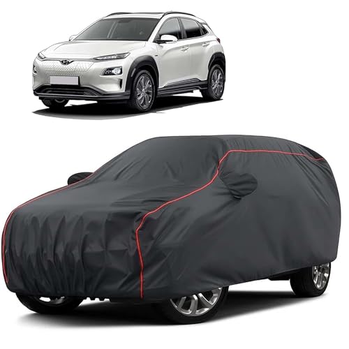 Image of Sulfar 100% Water Resistant Car Body Cover Compatible with Mirror for Hyundai kona (Triple Stitched, Full Bottom Elastic, Dark Grey Taffeta with Red Piping)