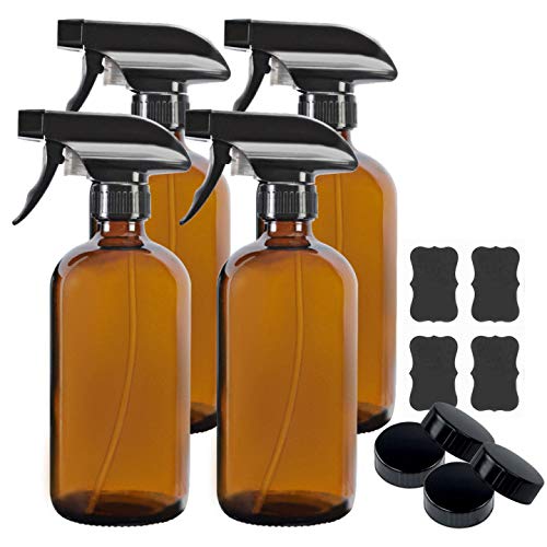 4 Pack 16 oz Amber Boston Glass Spray Bottles,Refillable Trigger Sprayers with Mist & Stream for Essential Oils, Bath, Beauty, Hair & Cleaning Products.Include 4 Durable Caps and 6 Chalk Labels.