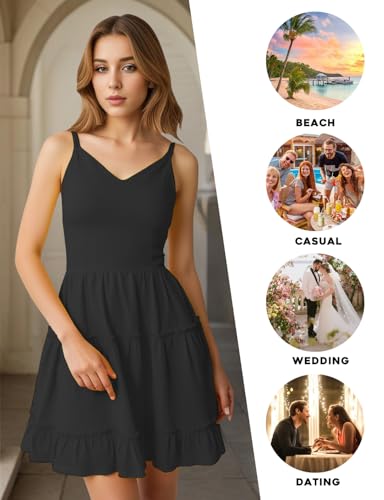 Image of FANCYINN Women Floral Casual Tiered Mini Dresses Spaghetti Strap V Neck Backless A Line Swing Short Dress with Pockets