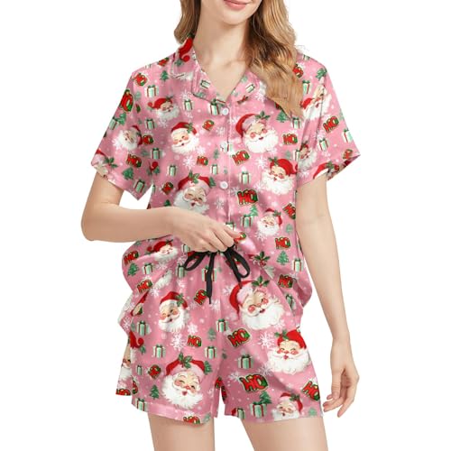 Image of Funny Satin Pajamas Set for Women Button Down Sleepwear Print Pjs Set 2 Piece Short Sleeve Loungewear Gift for Women