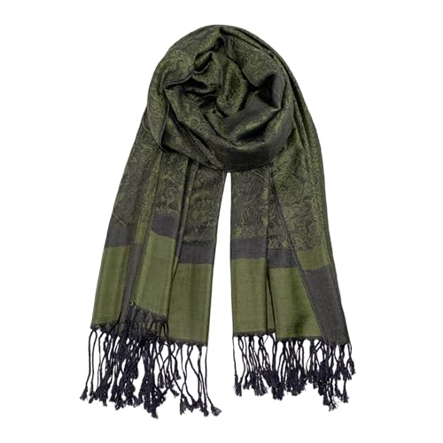 Wendyfull Pashmina Shawls and Wraps w/Fringe Two Tone Vintage Jacquard Paisley Rave Scarf for Weddings Festival (Green)