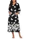 Ekouaer Long Duster Housecoat Nightgown Womens Sleepwear Momo Dresses Cotton 3/4 Sleeve Zip Front Bathrobe Nightwear House Dress With Pockets Comfy Lounger