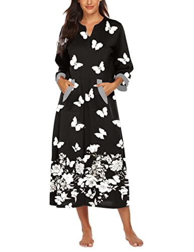 Image of Ekouaer Women Zipper Robe 3 /4 Sleeves Loungewear Dress Full Length Sleepwear Pockets Housecoat Nightgown Long Bathrobe
