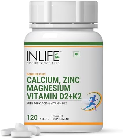 Calcium Magnesium Zinc Vitamin D K2 Folic Acid & B12 Vegetarian Tablets, Bone & Joint Support Supplement | Calcium Supplement for Women Men – 120 Tablets (Pack of 1)