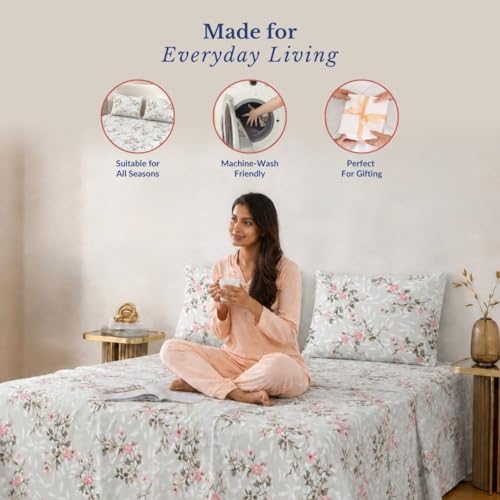 Image of Jaipur Weaves Double Bed Cotton Bedsheet Queen Size 90x100, 100% Pure Cotton Bed Sheet with 2 Pillow Covers, 240 TC Soft Breathable Floral Design - (Spring Tulips Grey, Queen)