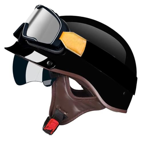 Medio Casco Motocicleta Abierta Casco Homologado ECEDOT Medio Casco Ciclomotor Retro Moto con Gafas Cruiser Scooter Casco Jet Hombres Y Mujeres Adultos Casco Protector 18,L=59~60CM