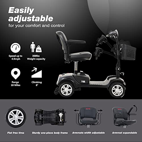 Folding Mobility Scooter for Seniors 4 Wheel Scooter for Adults Electric Medical Scooter Compact for Foldable in Boot Trunk for Traveling with Seniors (Gray)