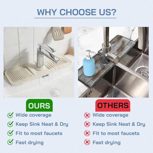Image of Silicone Faucet Handle Drip Catcher Tray - Self-Draining Kitchen Sink Splash Guard with Adjustable Coil Opening - Sink Faucet Mat with Cleaning Towel (Ivory)