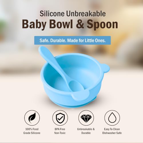Image of Silicone Baby Feeding Bowl and Spoon Set with Suction Base, BPA-Free, Non-Slip, Safe for Infants and Toddlers Mealtime Blue